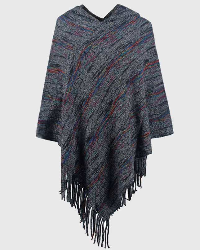 Fringe Hem Hooded Poncho Black One Size