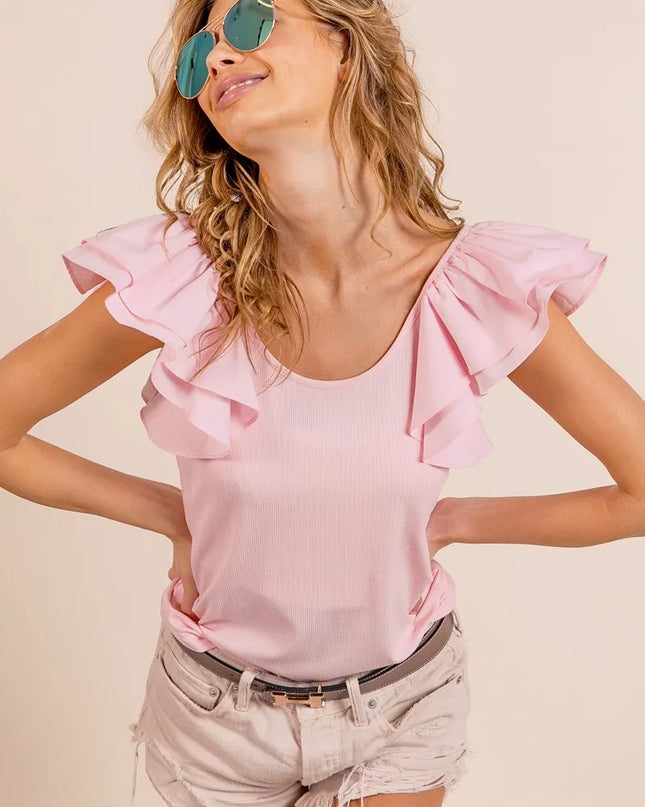 BiBi Wide Layered Ruffle Sleeve Scoop Neck Ribbed Top