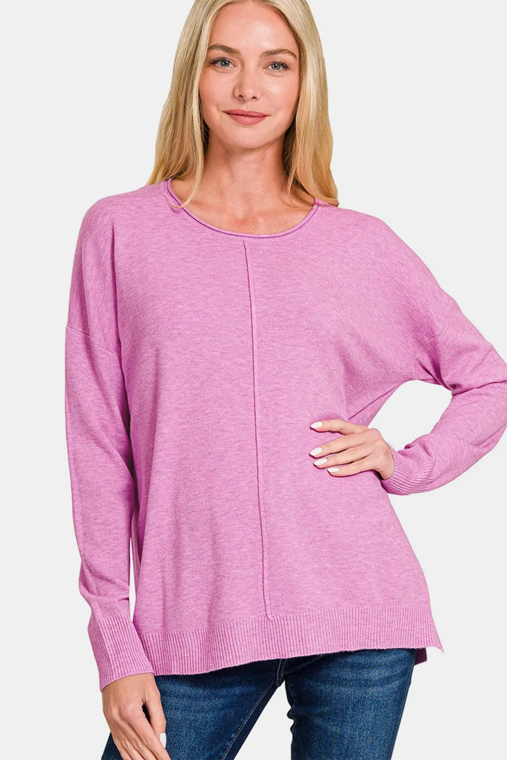 Zenana Front Seam Round Neck Sweater Moonlit Mauve