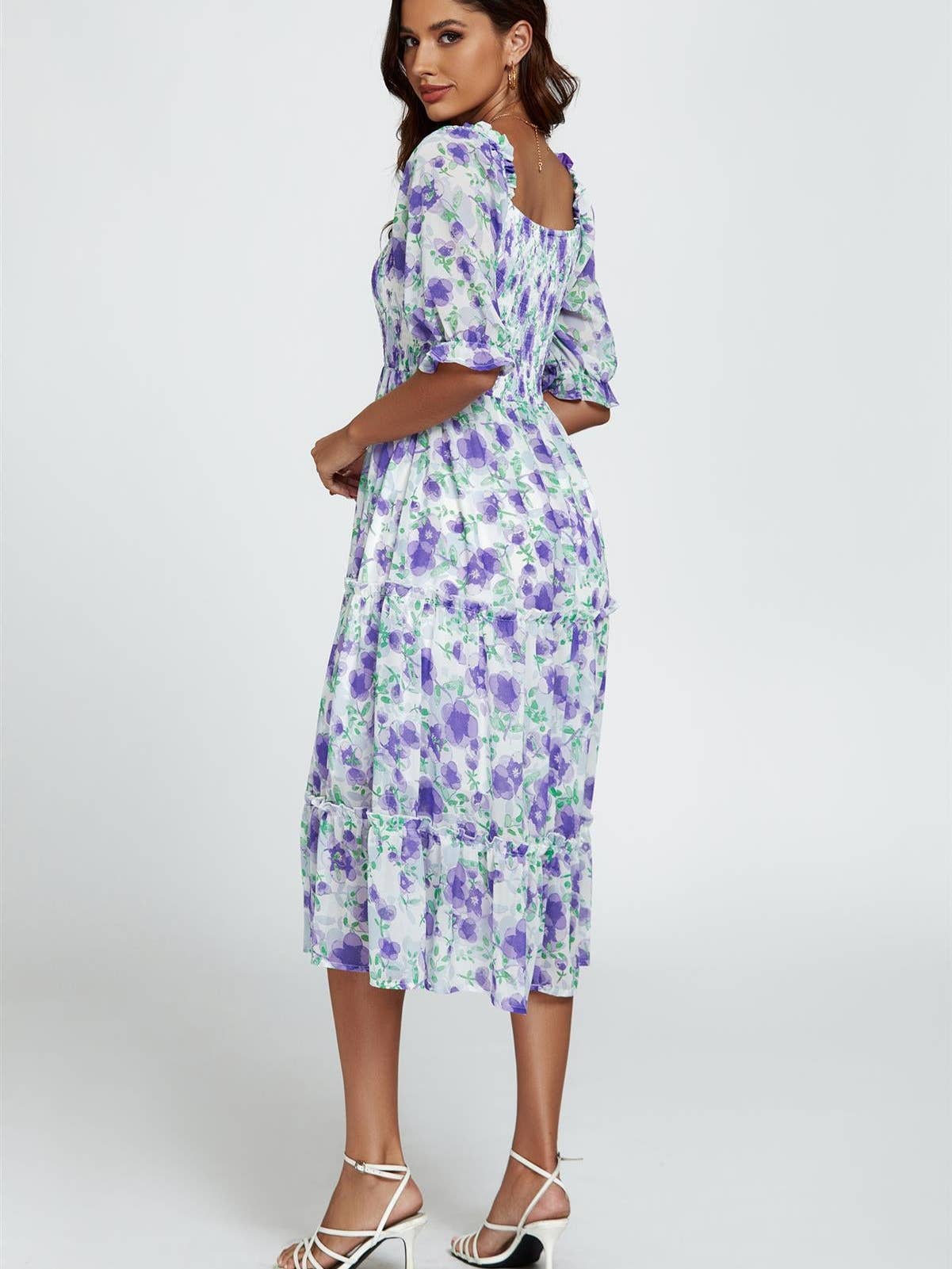 Floral Print Bardot Puff Sleeve Elasticated Detail Midi Dress in White