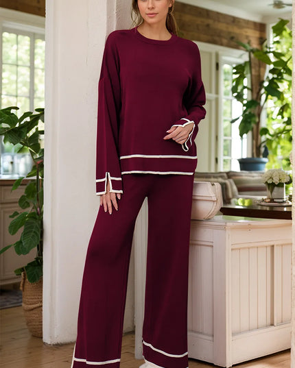 High-Low Round Neck Top and Pants Sweater Set Burgundy One Size