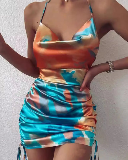 Tie-Dye Halter Ruched Mini Dress with Side Drawstring Tie-dye
