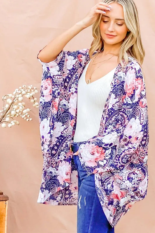 And The Why Floral Print Dolman Sleeve Kimono Cardigan