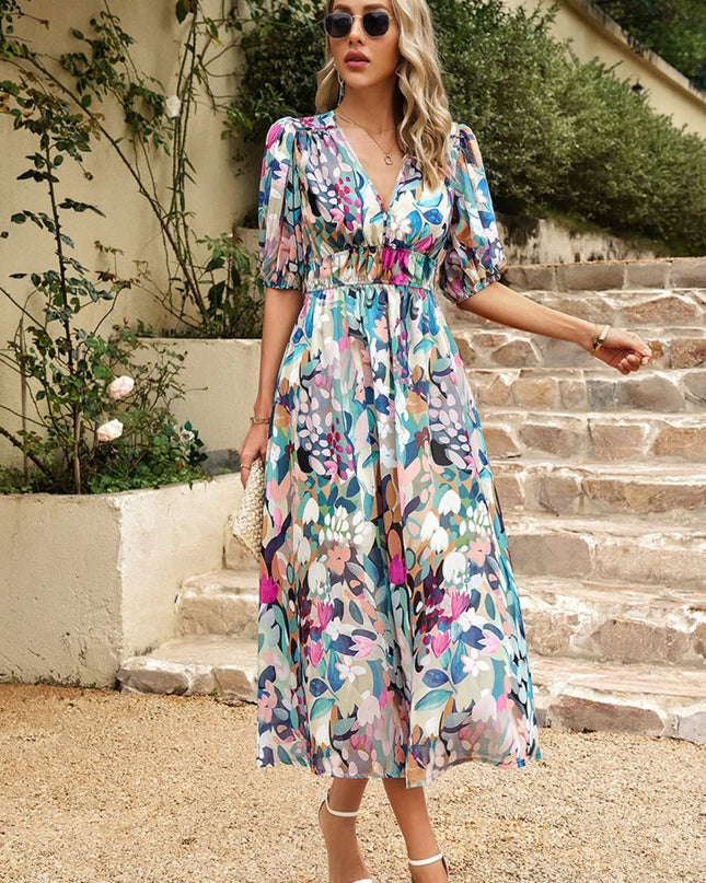 Printed Puff Sleeve Midi Dress 