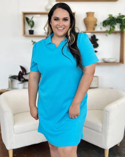 Double Take Full Size Texture Collared Neck Short Sleeve Dress