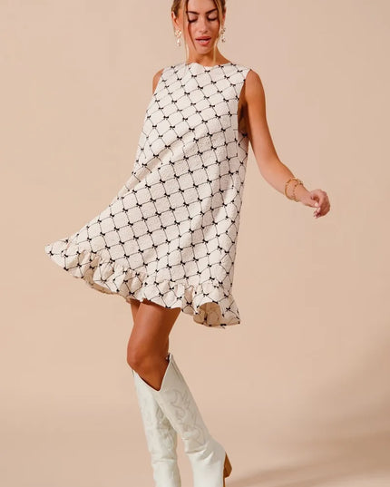 SO ME Texture Bow Printed Mini Ruffle Dress