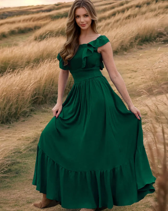 Ruffled Smocked Square Neck Maxi Dress