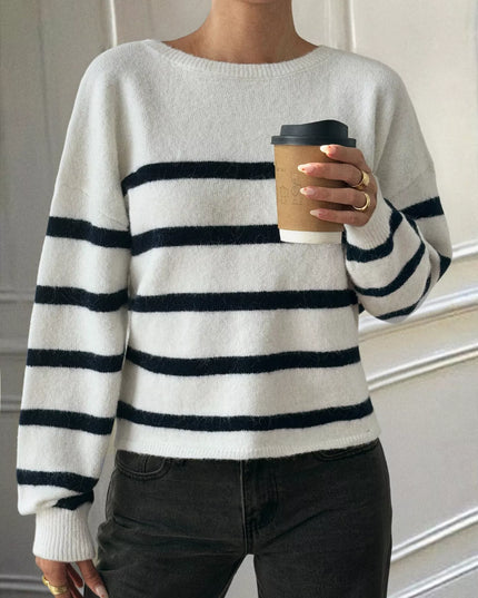 Striped Round Neck Long Sleeve Knit Top Blue
