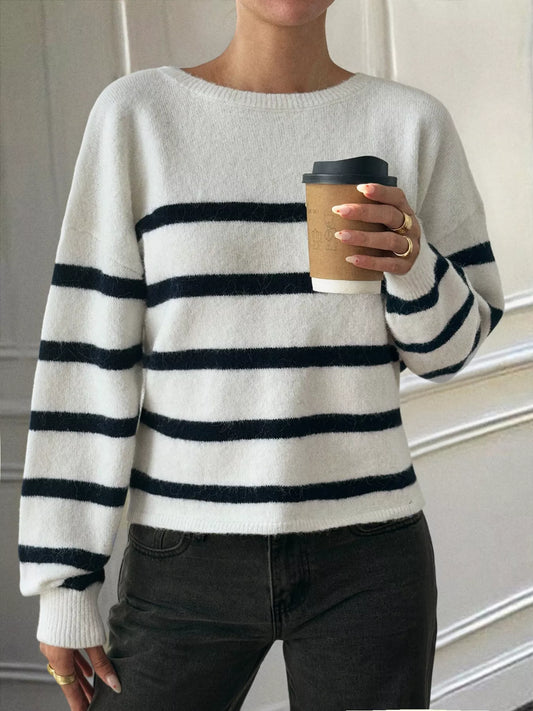 Striped Round Neck Long Sleeve Knit Top Blue