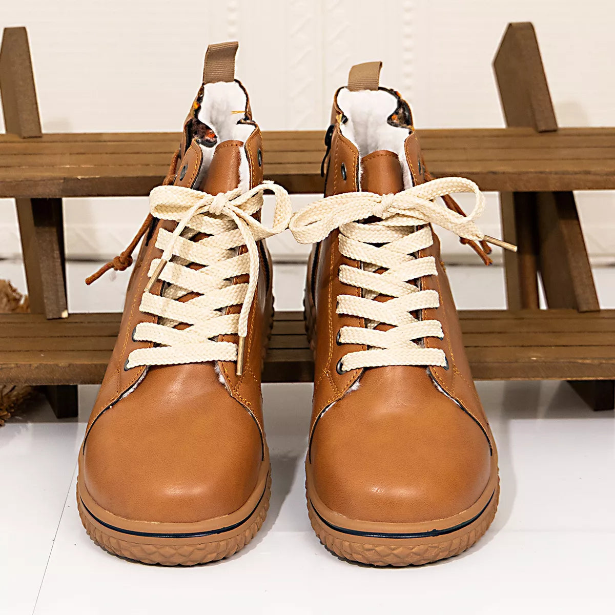 Round Toe Platform Boots Terracotta