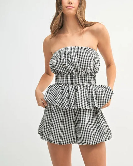 MABLE Gingham Tube Top and Shorts Set Black