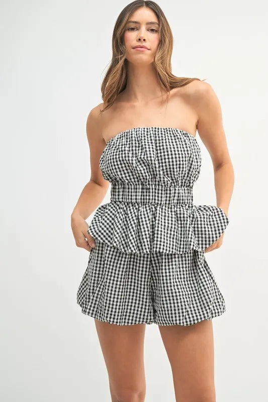 MABLE Gingham Tube Top and Shorts Set Black
