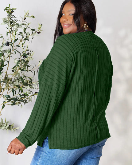 Basic Bae Full Size Ribbed Round Neck Slit Knit Top