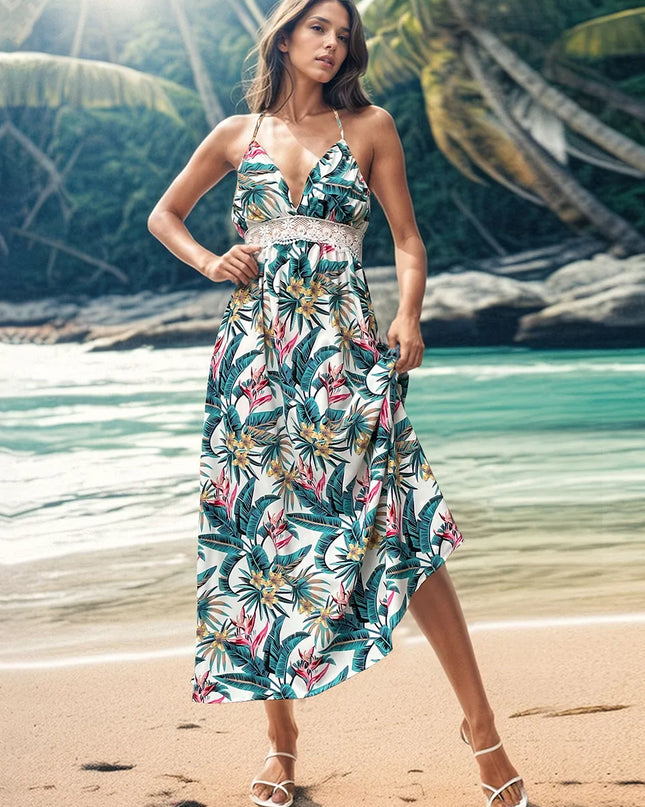 Perfee Lace Detail Printed Halter Neck Midi Cami Dress 