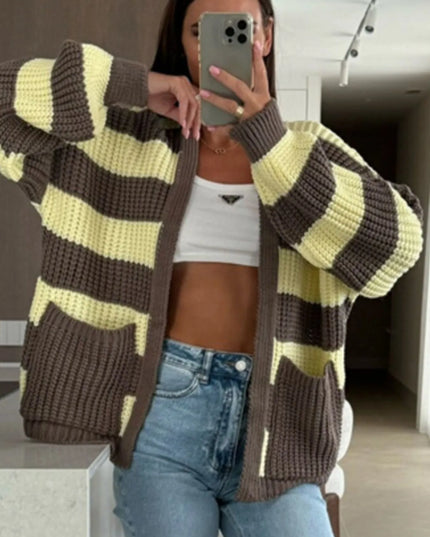 Striped Open Front Long Sleeve Cardigan