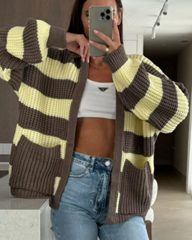 Striped Open Front Long Sleeve Cardigan