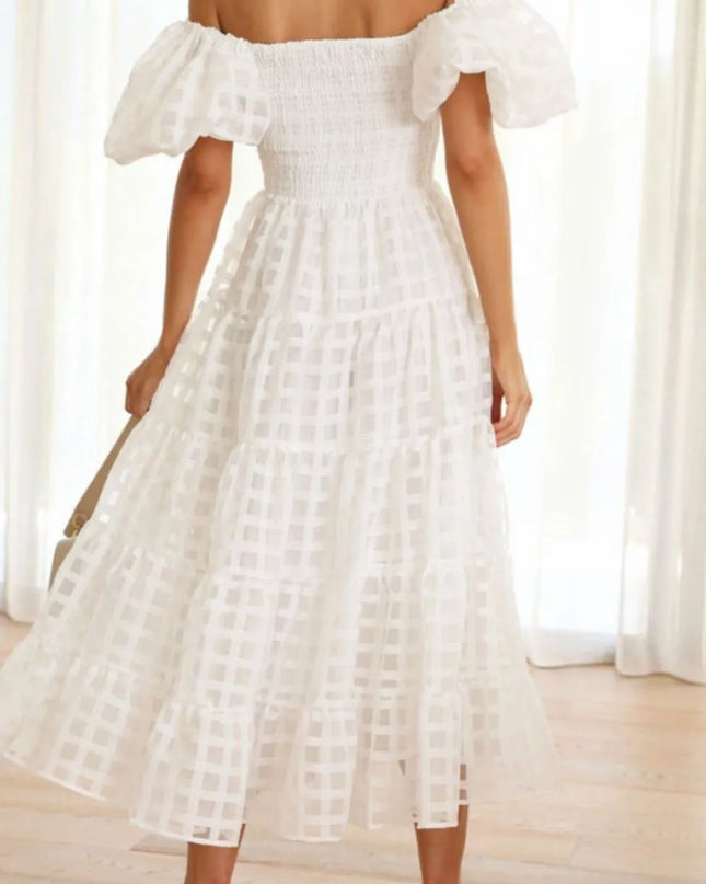 Off Shoulder Short Puff Sleeve Midi Dress