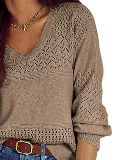 Eyelet Deatil V-Neck Long Sleeve Sweater