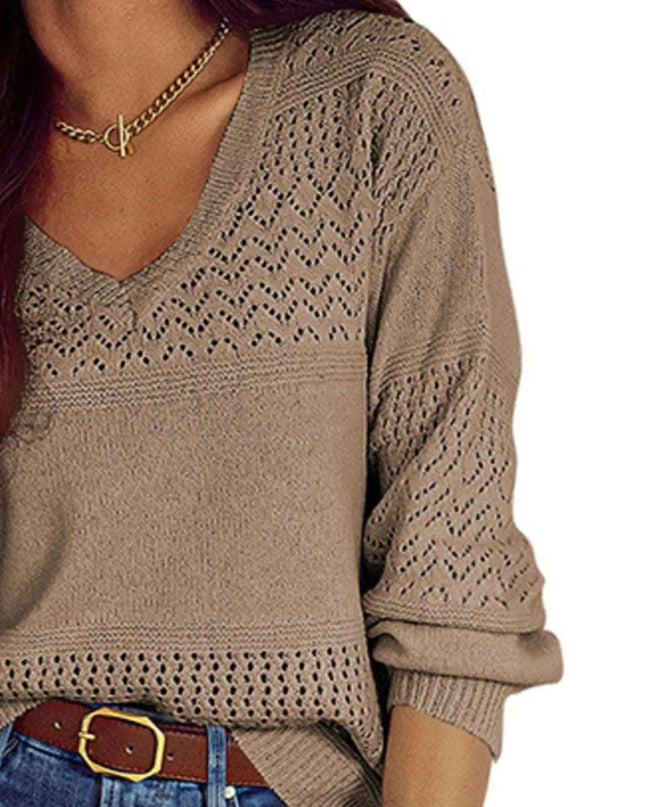 Eyelet Deatil V-Neck Long Sleeve Sweater
