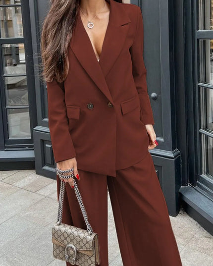 Buttoned Lapel Collar Long Sleeve Blazer and Pants Set Brown