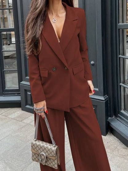 Buttoned Lapel Collar Long Sleeve Blazer and Pants Set Brown