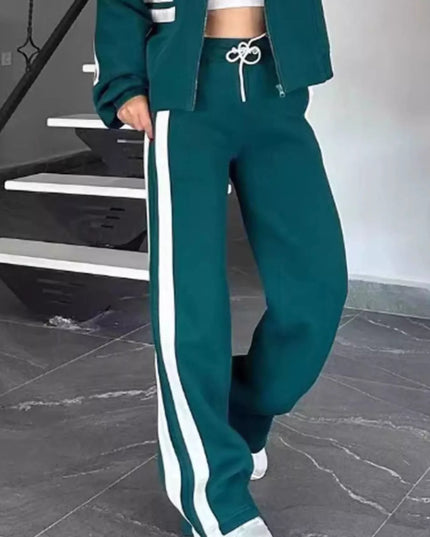 Full Size Contrast Stripe Zip Up Jacket and Pants Set Plus Size