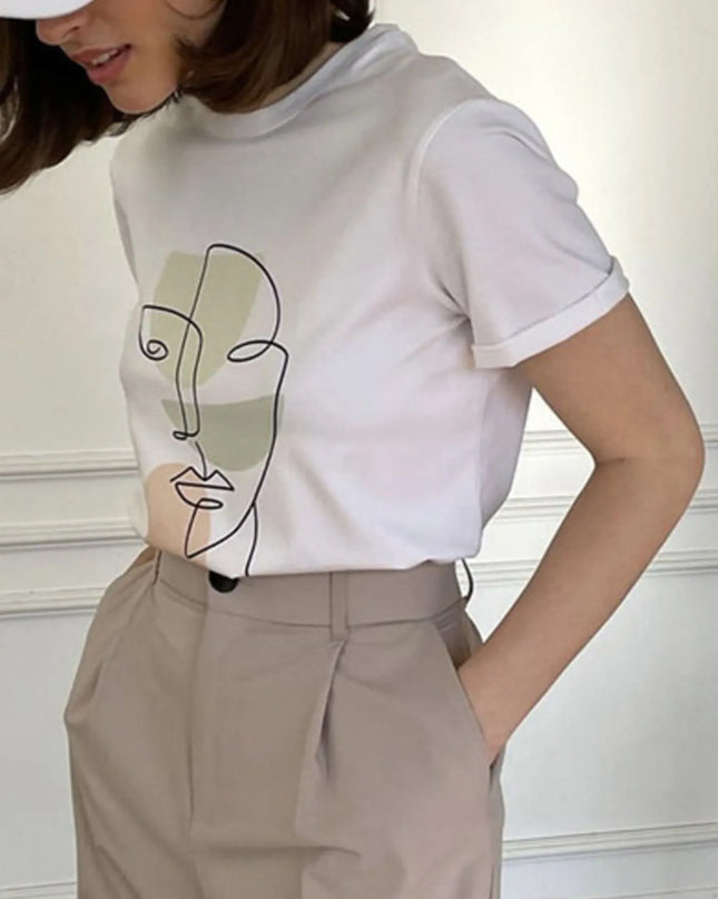 Abstract Face Graphic Casual Round Neck T-Shirt