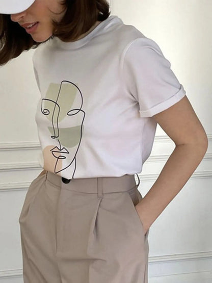 Abstract Face Graphic Casual Round Neck T-Shirt