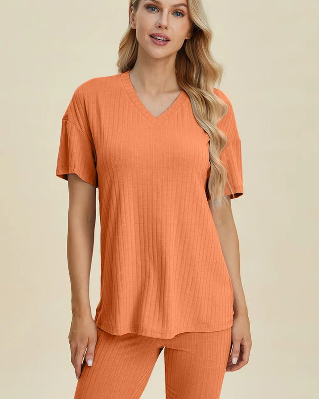 Basic Bae Full Size Ribbed V-Neck Short Sleeve Top and Shorts Set
