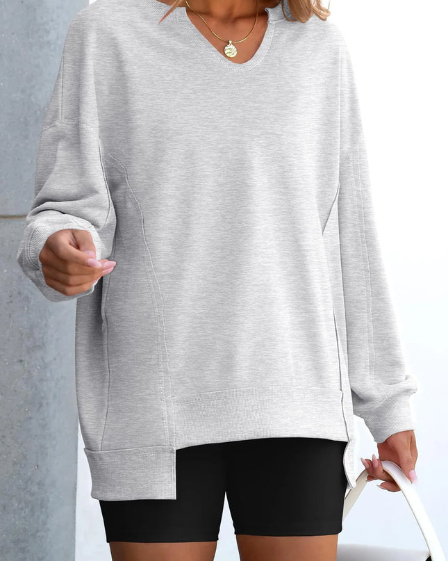 Notched Long Sleeve Oversized Sweatshirt