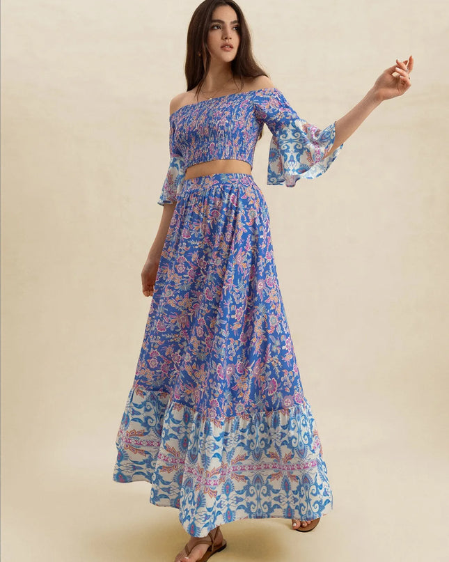 Smocked Off-Shoulder Printed Top and Skirt Set