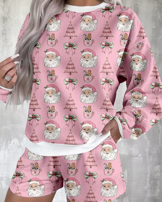 Christmas Santa Print Round Neck Top and Shorts Lounge Set