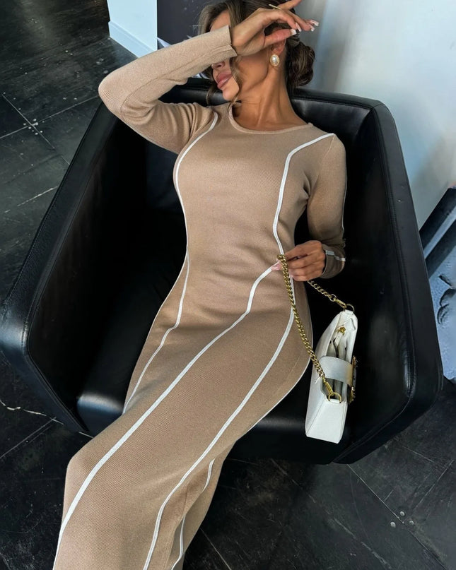 Striped Round Neck Long Sleeve Maxi Knit Dress Khaki