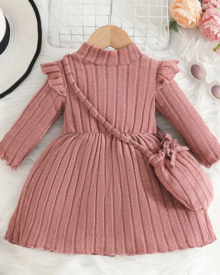 Children's Ribbed Knit Ruffle Trim Dress with Bag