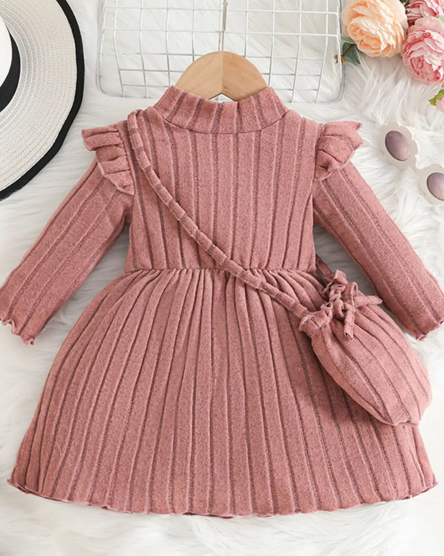 Children's Ribbed Knit Ruffle Trim Dress with Bag