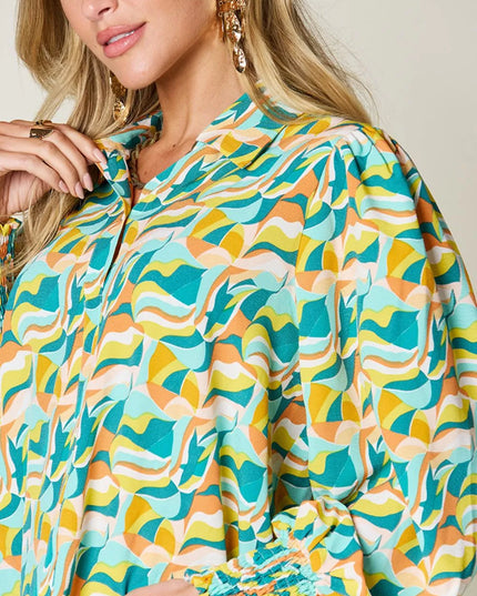 Double Take Full Size Printed Smocked Long Sleeve Blouse