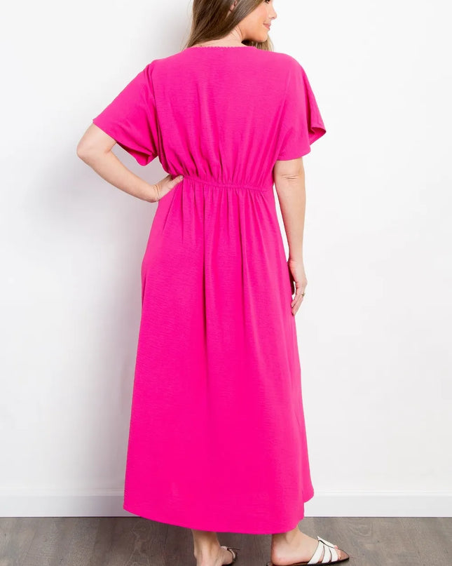 Be Stage Full Size Shirred Front Short Sleeve Maxi Dress