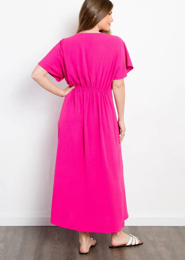 Be Stage Full Size Shirred Front Short Sleeve Maxi Dress