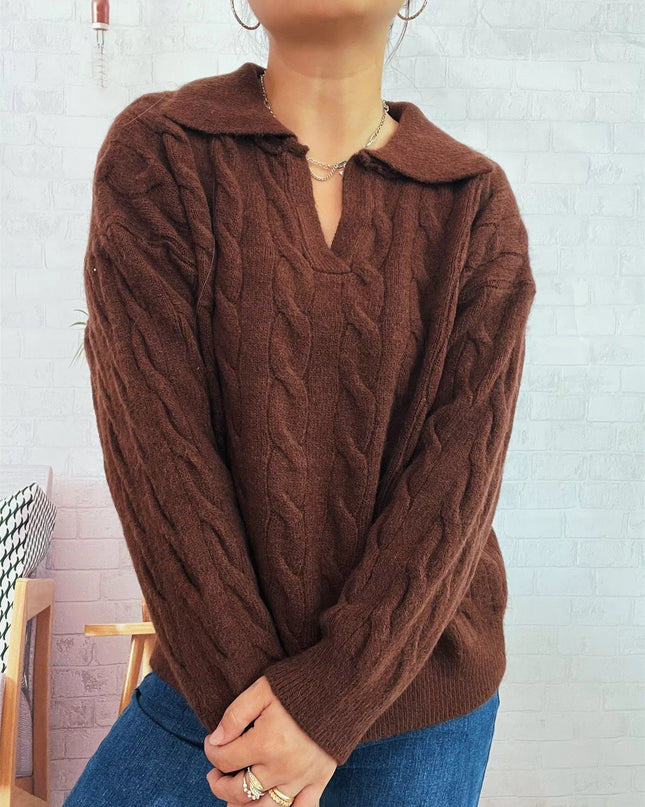 Cable Knit Johnny Collar Sweater Brown One Size