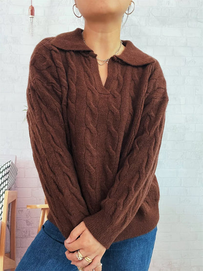 Cable Knit Johnny Collar Sweater Brown One Size