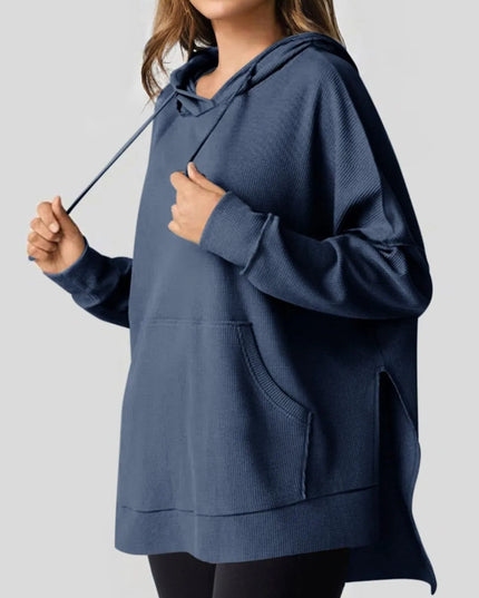 Slit Drawstring Waffle Knit Hoodie