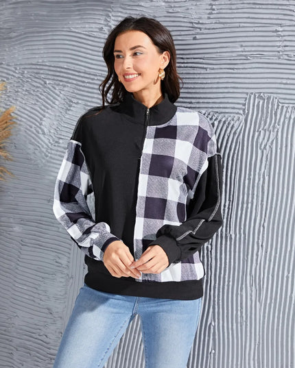 Plaid Exposed Seam Long Sleeve Blouse Black