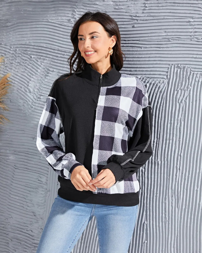 Plaid Exposed Seam Long Sleeve Blouse Black