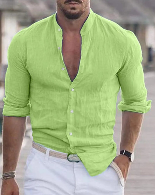 Men's Full Size Stand Collar Button Down Shirt Plus Size Lime