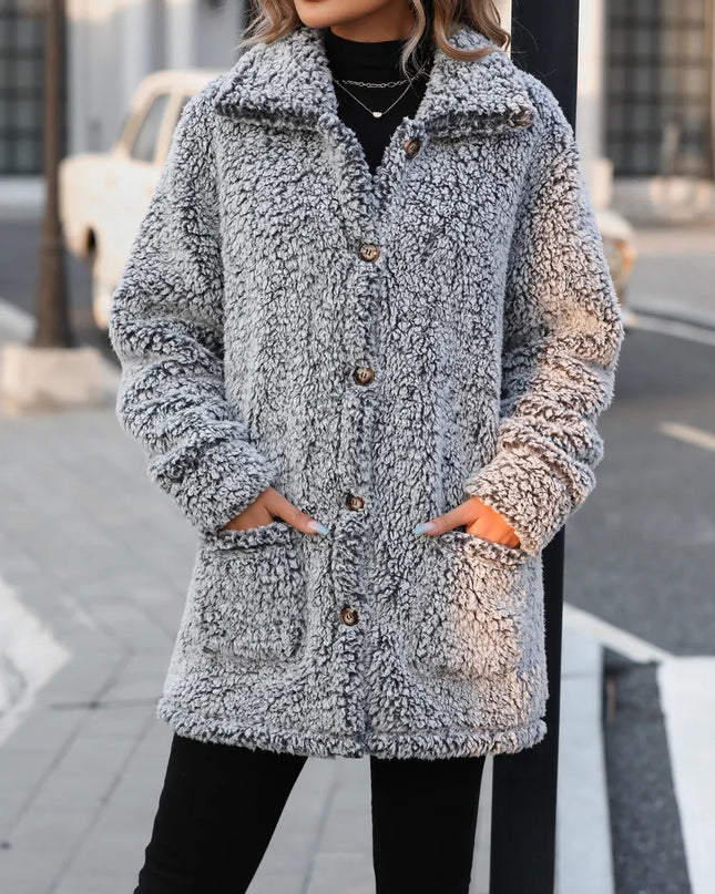 Pocketed Collared Neck Long Sleeve Plush Jacket Black