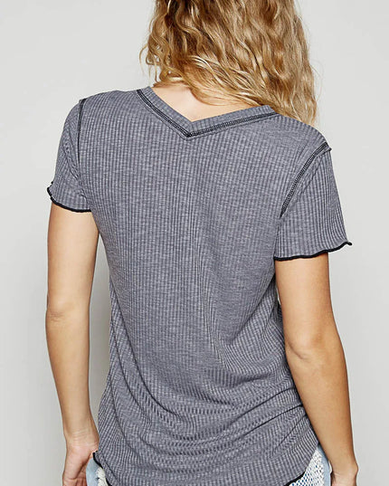POL V-Neck Short Sleeve Ribbed T-Shirt with Contrast Overlock Stitching