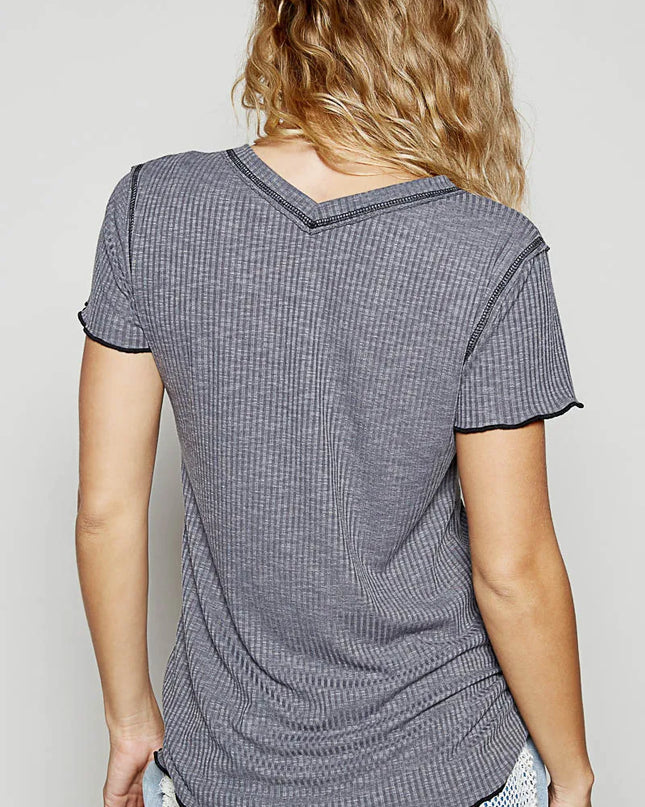 POL V-Neck Short Sleeve Ribbed T-Shirt with Contrast Overlock Stitching