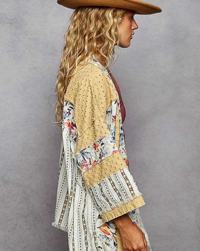 POL Raw Edge Open Front Patchwork Cardigan with Floral Trim