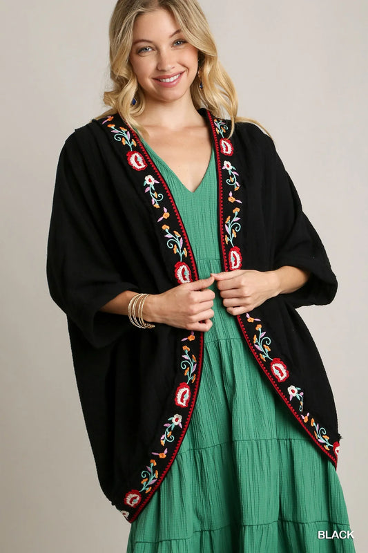 Umgee Embroidery Open Front Kimono with Pleated Shoulder Detail Black