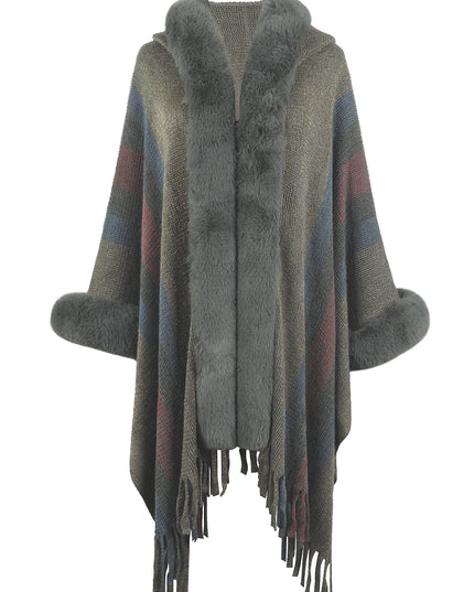 Color Block Fringe Detail Poncho Charcoal One Size